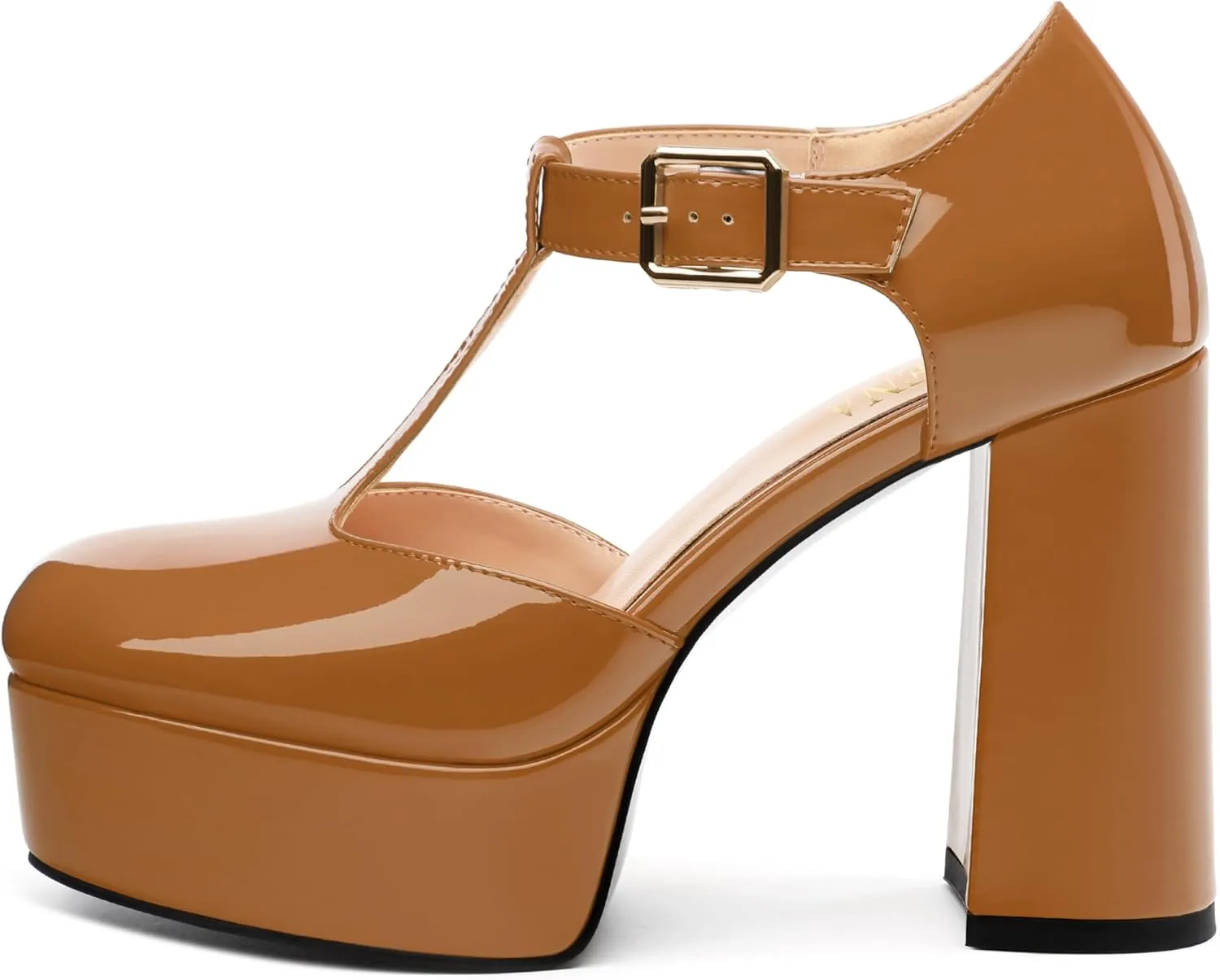 FOGEENA Platform Heels for Women Chunky Block High Heel Closed Square Toe 4.3 Inch T-Strap Mary Jane Pumps Casual Dress Shoe