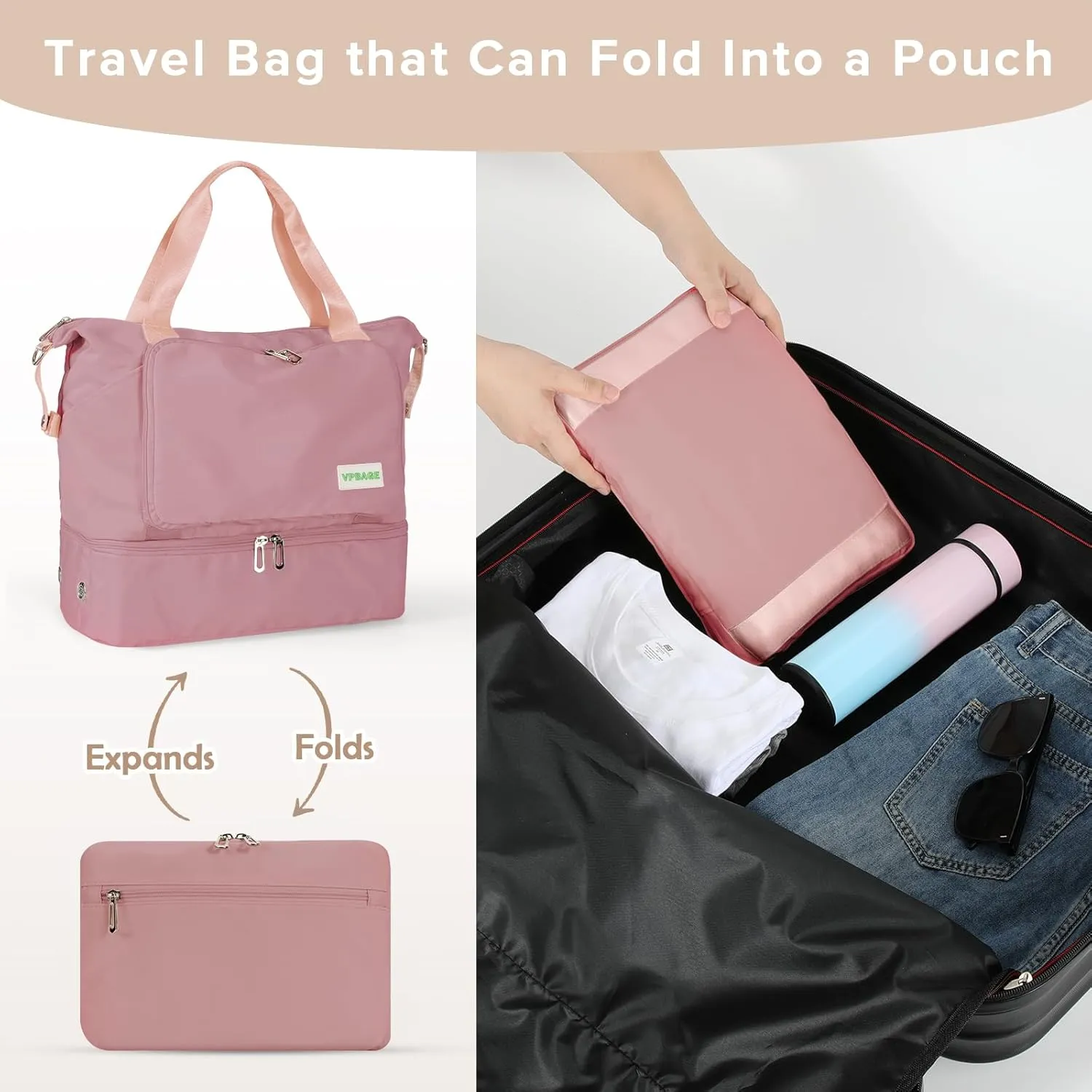 Foldable Travel Duffel Bag for Women, Water Resistant Personal Item/Carry Bag, Overnight Weekender Bag with Wet Compartment