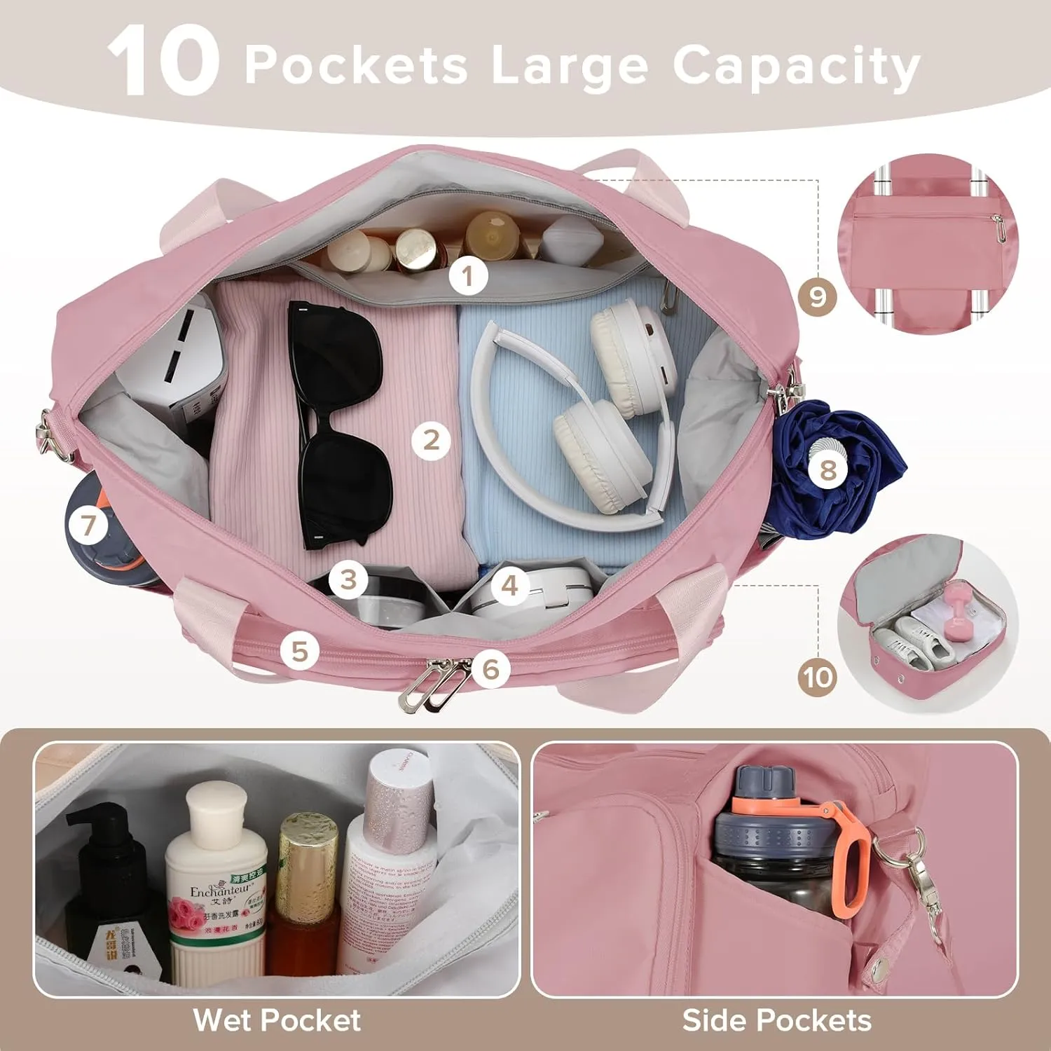 Foldable Travel Duffel Bag for Women, Water Resistant Personal Item/Carry Bag, Overnight Weekender Bag with Wet Compartment