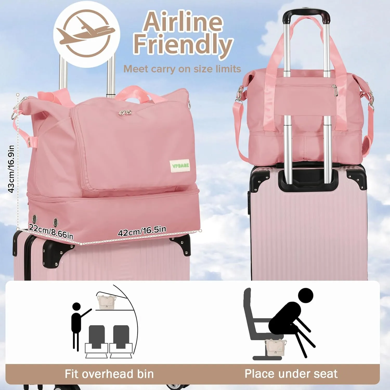 Foldable Travel Duffel Bag for Women, Water Resistant Personal Item/Carry Bag, Overnight Weekender Bag with Wet Compartment