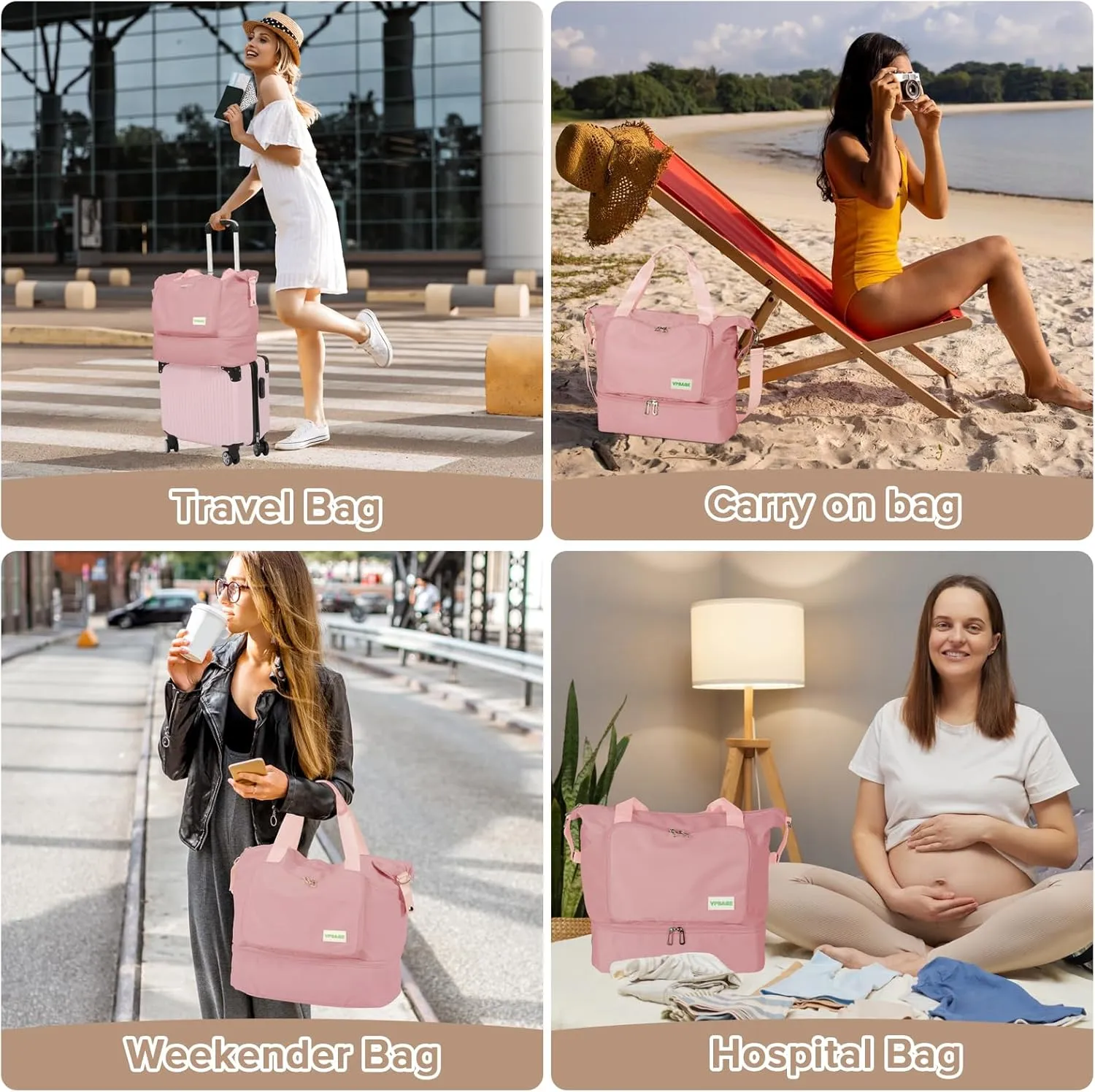 Foldable Travel Duffel Bag for Women, Water Resistant Personal Item/Carry Bag, Overnight Weekender Bag with Wet Compartment