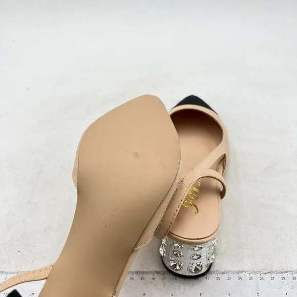 FOWT Light Apricot Rhinestone Chunky Heel Pumps Pointed Cap Toe Slingback Sandal