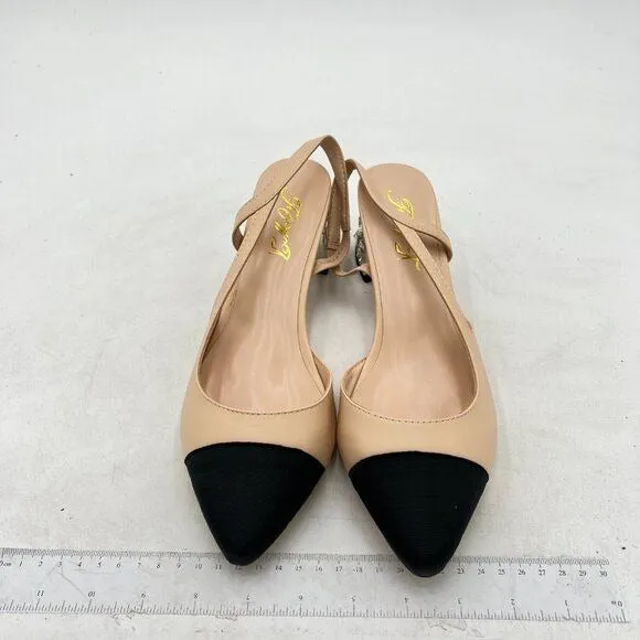 FOWT Light Apricot Rhinestone Chunky Heel Pumps Pointed Cap Toe Slingback Sandal
