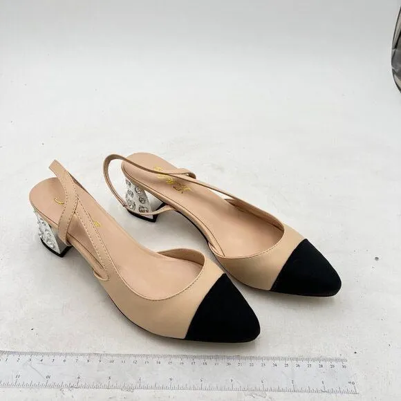 FOWT Light Apricot Rhinestone Chunky Heel Pumps Pointed Cap Toe Slingback Sandal