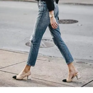 FOWT Light Apricot Rhinestone Chunky Heel Pumps Pointed Cap Toe Slingback Sandal