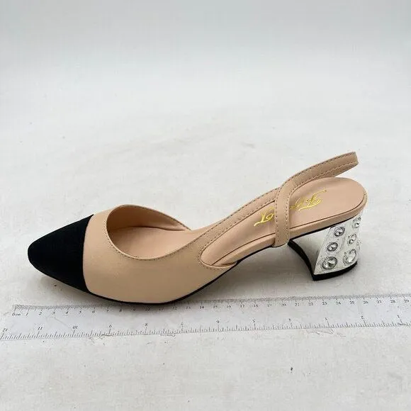 FOWT Light Apricot Rhinestone Chunky Heel Pumps Pointed Cap Toe Slingback Sandal