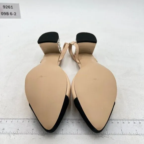 FOWT Light Apricot Rhinestone Chunky Heel Pumps Pointed Cap Toe Slingback Sandal