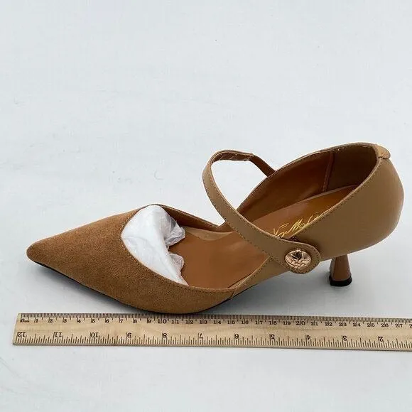 FOWT Light Brown V-Cut Splicing Flared Heel Pump Mary Janes Pointed Toe Pumps