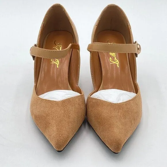FOWT Light Brown V-Cut Splicing Flared Heel Pump Mary Janes Pointed Toe Pumps