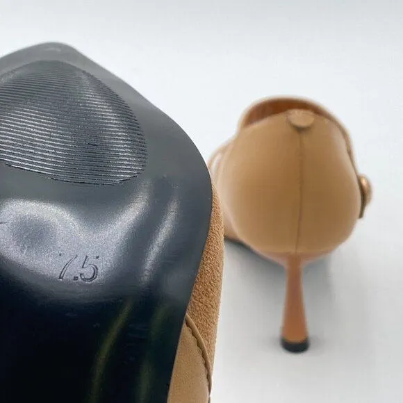FOWT Light Brown V-Cut Splicing Flared Heel Pump Mary Janes Pointed Toe Pumps