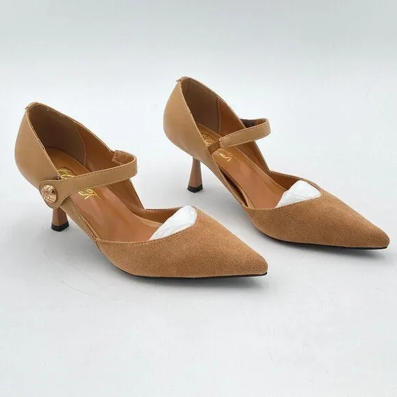 FOWT Light Brown V-Cut Splicing Flared Heel Pump Mary Janes Pointed Toe Pumps