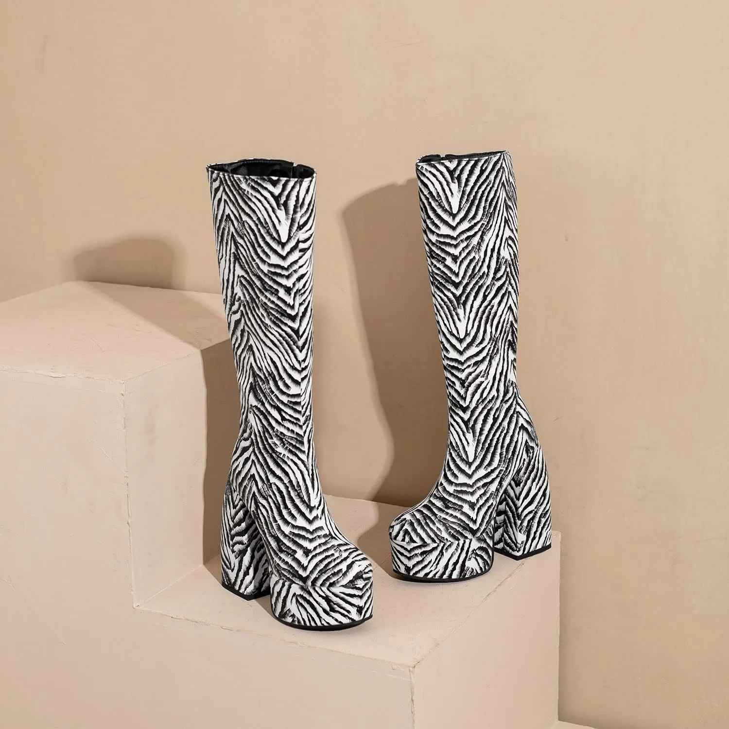 FOWT Spring Chic Embossed Knee High Boots Sexy Platform Round Closed Toe Block High Heel Long Boots Comfort Side Zipper Shoes for Ladies US Size 4-15 M