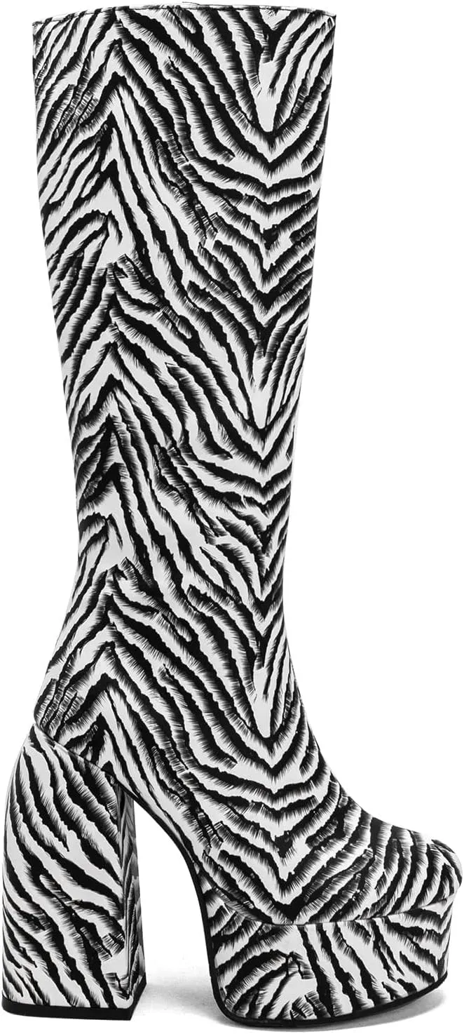 FOWT Spring Chic Embossed Knee High Boots Sexy Platform Round Closed Toe Block High Heel Long Boots Comfort Side Zipper Shoes for Ladies US Size 4-15 M