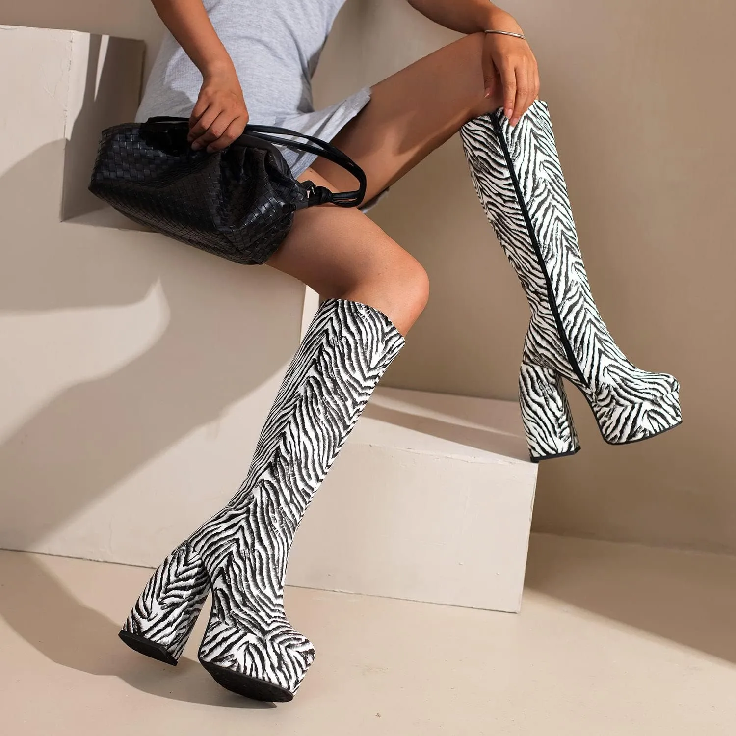 FOWT Spring Chic Embossed Knee High Boots Sexy Platform Round Closed Toe Block High Heel Long Boots Comfort Side Zipper Shoes for Ladies US Size 4-15 M