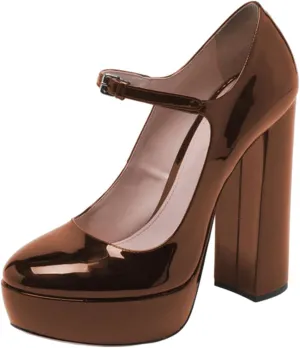 FOWT Women Black Round Toe High Chunky Heel Platform Pumps Adjustable Thin Mary-Jane Strap with Sliver Buckle Heels Trendy Solid Colour Patent Leather Shoes for Ladies Party School Office 4-16 US Size