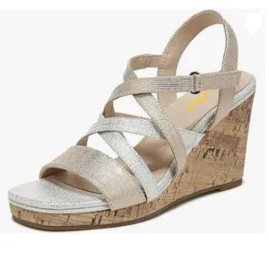 FSJ Silver Low Platform Cork Wedge High Heel Sandal Open Toe Strappy Dressy Shoe