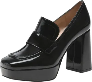 FSJ Women Chic Square Toe Glossy Platform Pumps Chunky High Heel Slip On Party Prom Dress Ladies Casual Loafer Shoes Size 4-15 US