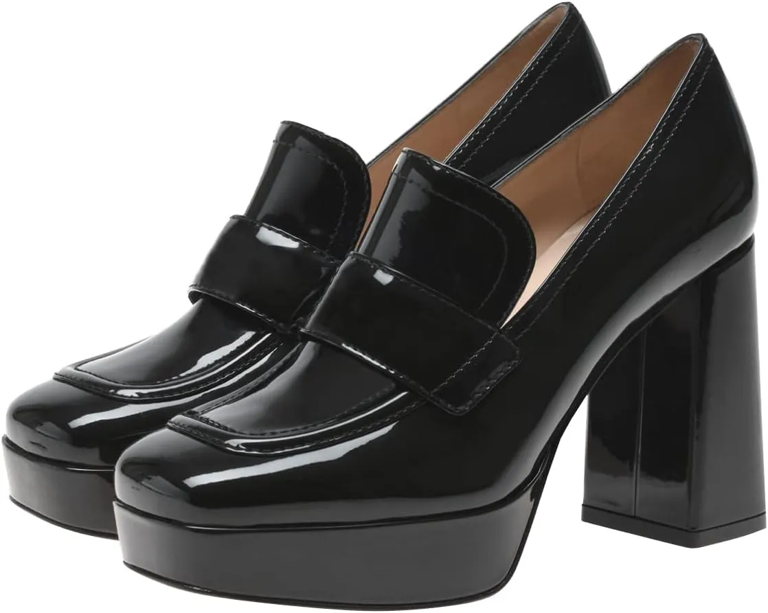 FSJ Women Chic Square Toe Glossy Platform Pumps Chunky High Heel Slip On Party Prom Dress Ladies Casual Loafer Shoes Size 4-15 US