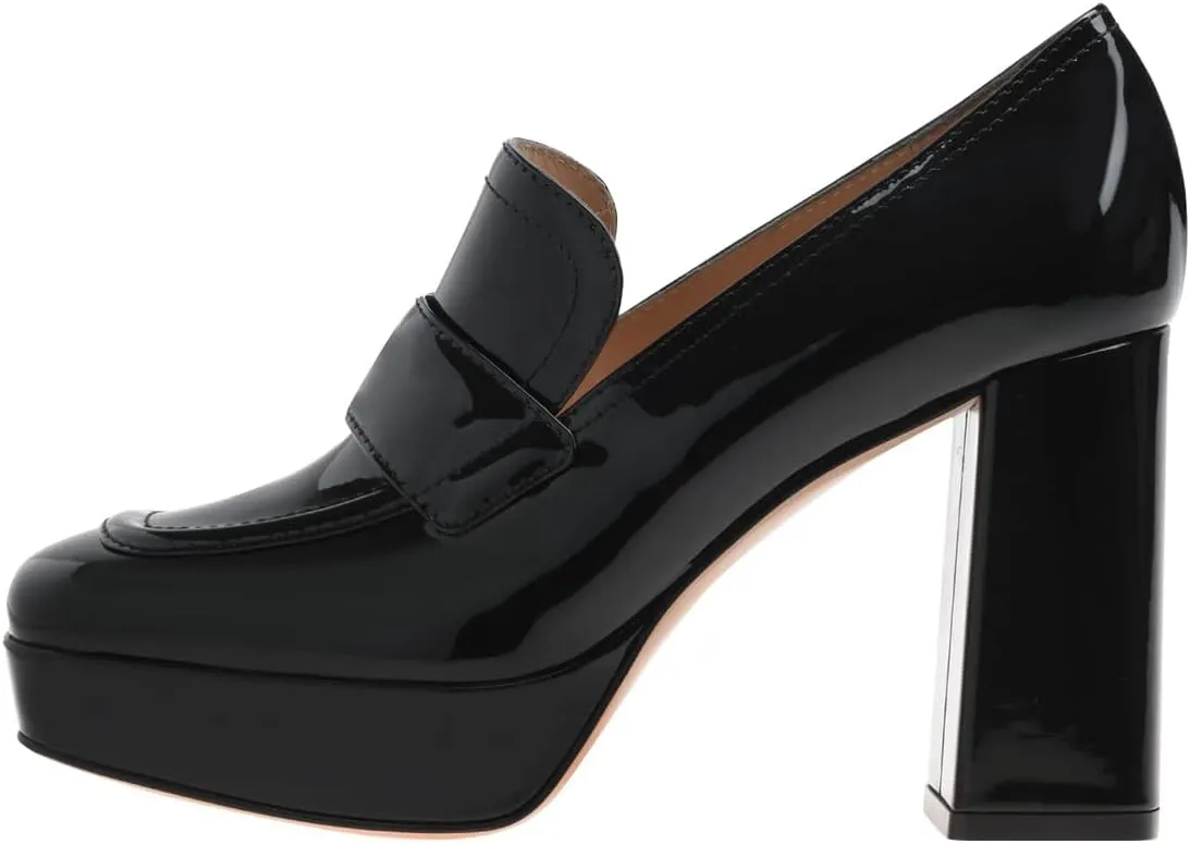 FSJ Women Chic Square Toe Glossy Platform Pumps Chunky High Heel Slip On Party Prom Dress Ladies Casual Loafer Shoes Size 4-15 US