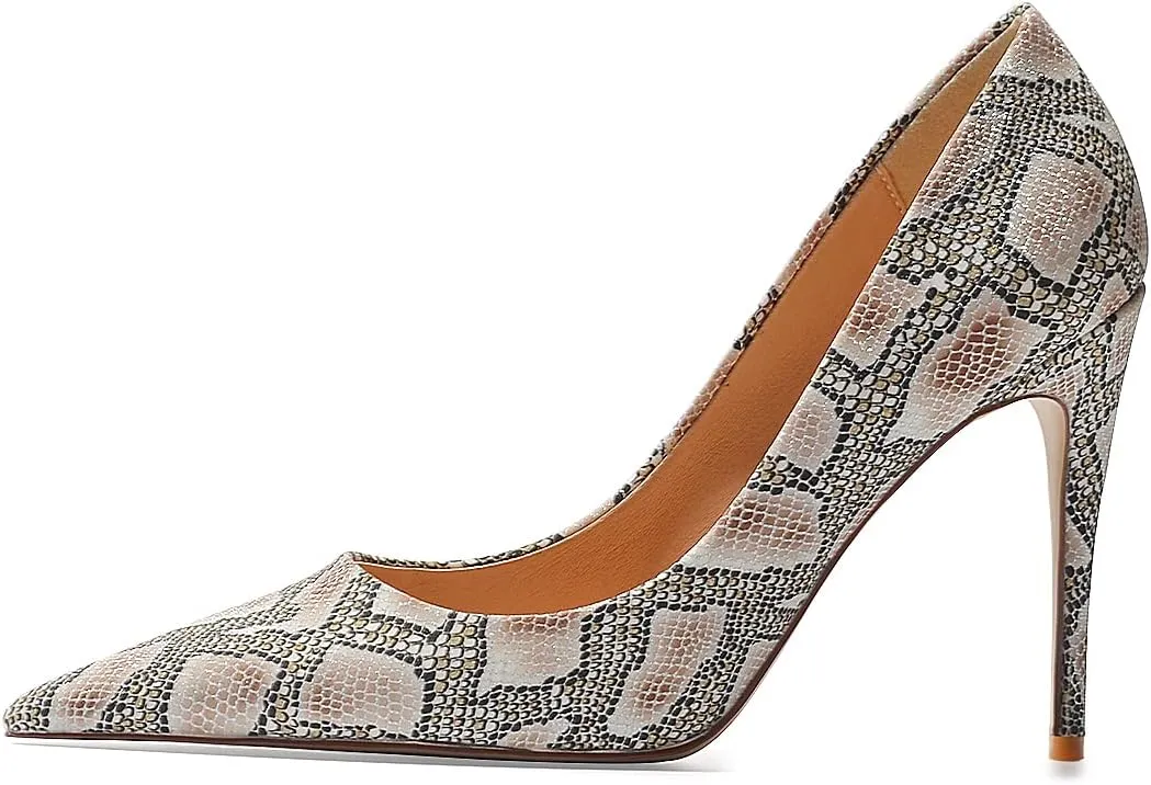 FSJ Women Classic Pointed Toe Snakeskin High Heels Pumps Slip on Stiletto Sparkling Animal Printing Sexy Lady Club Party Evening Dress Shoes Size 4-15 US