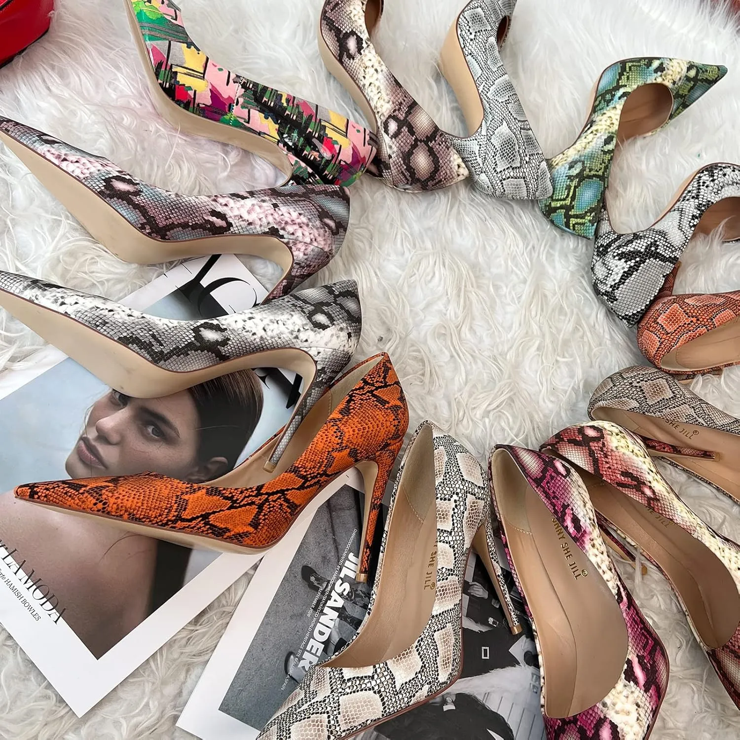 FSJ Women Classic Pointed Toe Snakeskin High Heels Pumps Slip on Stiletto Sparkling Animal Printing Sexy Lady Club Party Evening Dress Shoes Size 4-15 US