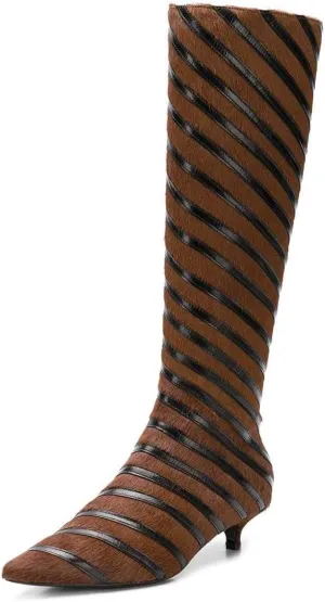 FSJ Women Fashion Pointed Toe Low Kitten Heel Knee High Boots Faux Fur Thread Comfort Winter Shoes with Side Zipper Size 4-15 US