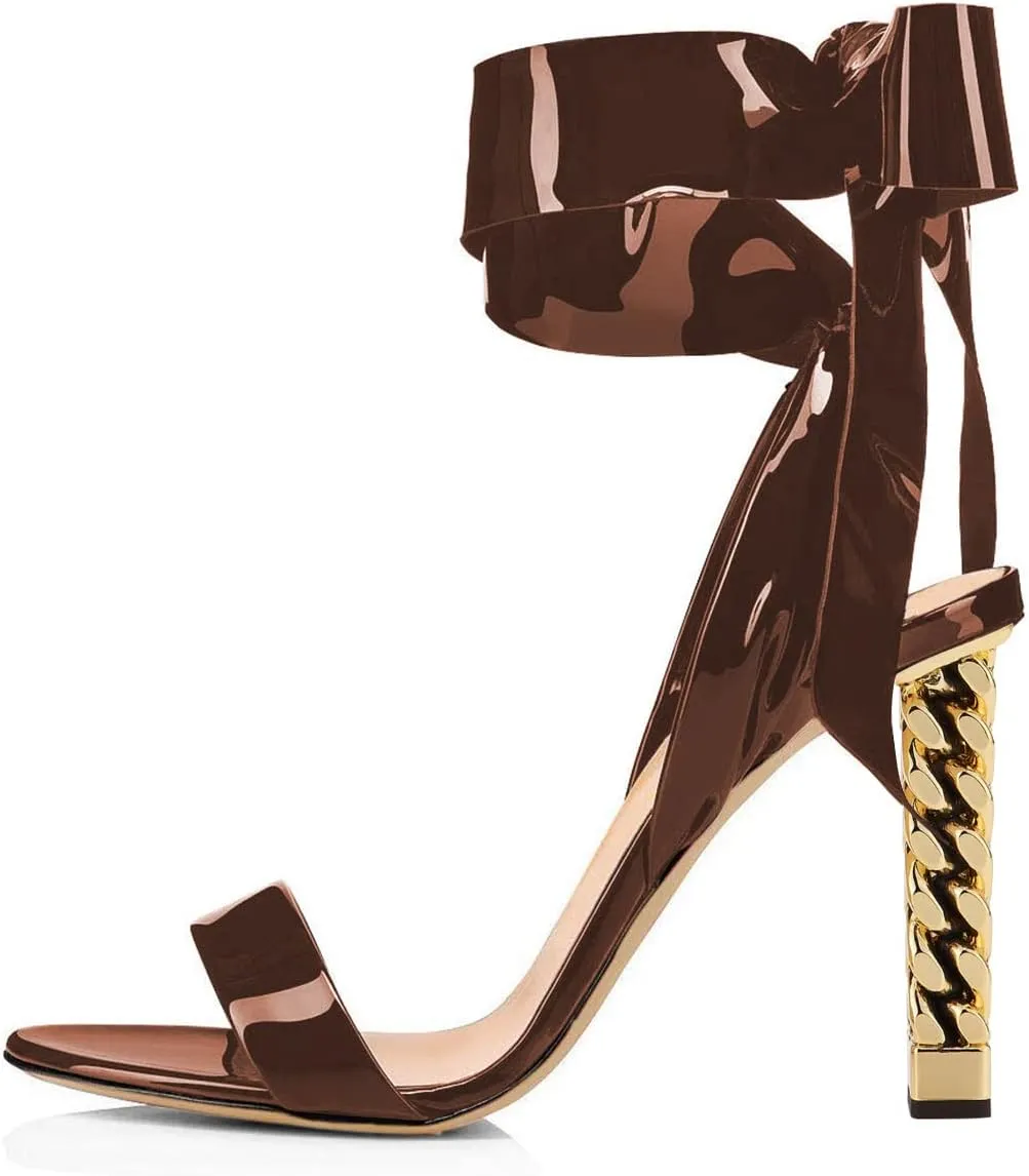 FSJ Women Open Round Toe Sandals Gold Metal Chain Chunky High Heels Pumps with Chic Bowknot Lace Up Ankle Straps Bridal Party Prom Dress Shoes Size 4-15 US