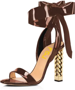 FSJ Women Open Round Toe Sandals Gold Metal Chain Chunky High Heels Pumps with Chic Bowknot Lace Up Ankle Straps Bridal Party Prom Dress Shoes Size 4-15 US