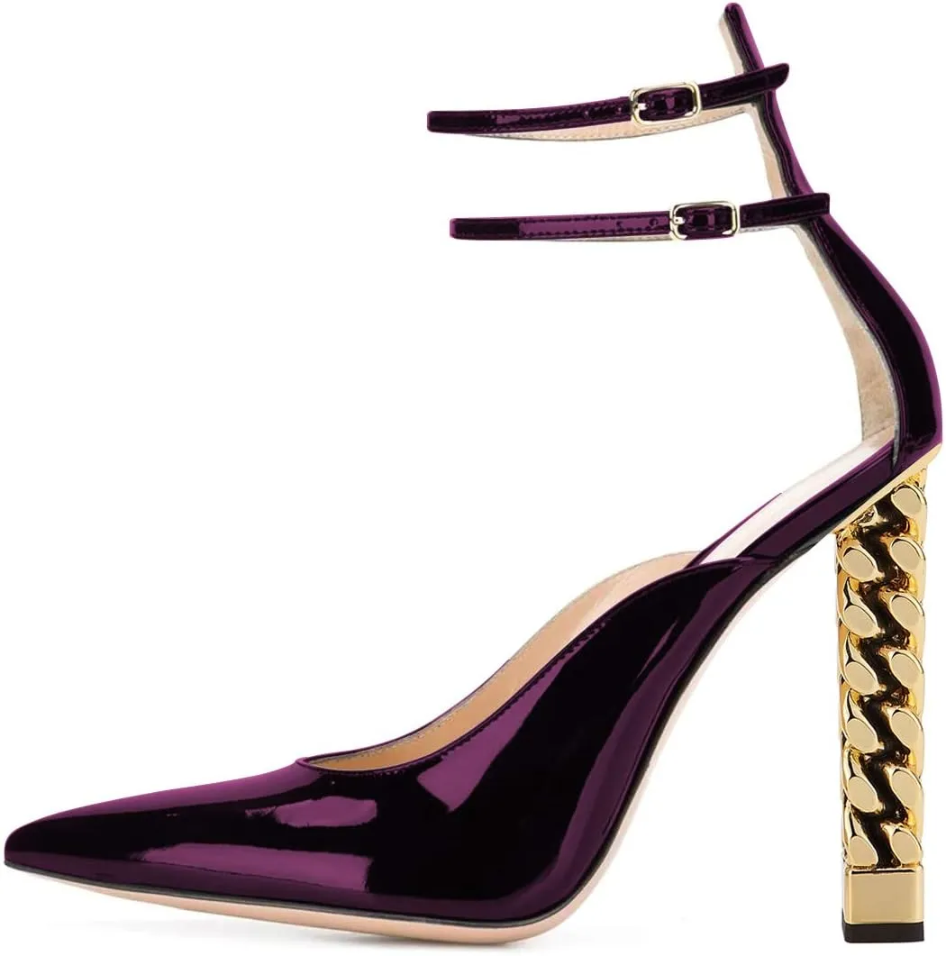 FSJ Women Pointed Toe Gold Metal Chain Block High Heels Double Ankle Strappy Pumps Chic Patent Leather Evening Dress Shoes Size 4-15 US