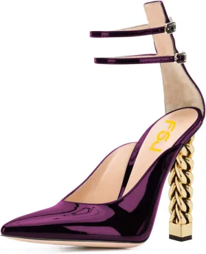 FSJ Women Pointed Toe Gold Metal Chain Block High Heels Double Ankle Strappy Pumps Chic Patent Leather Evening Dress Shoes Size 4-15 US