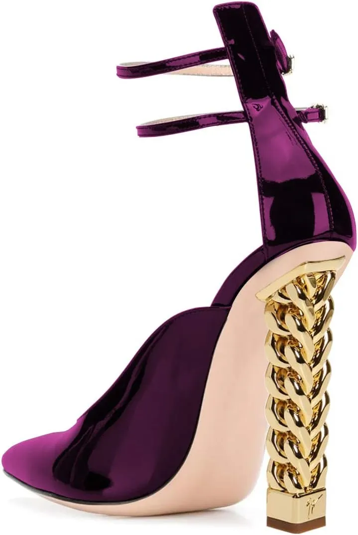 FSJ Women Pointed Toe Gold Metal Chain Block High Heels Double Ankle Strappy Pumps Chic Patent Leather Evening Dress Shoes Size 4-15 US