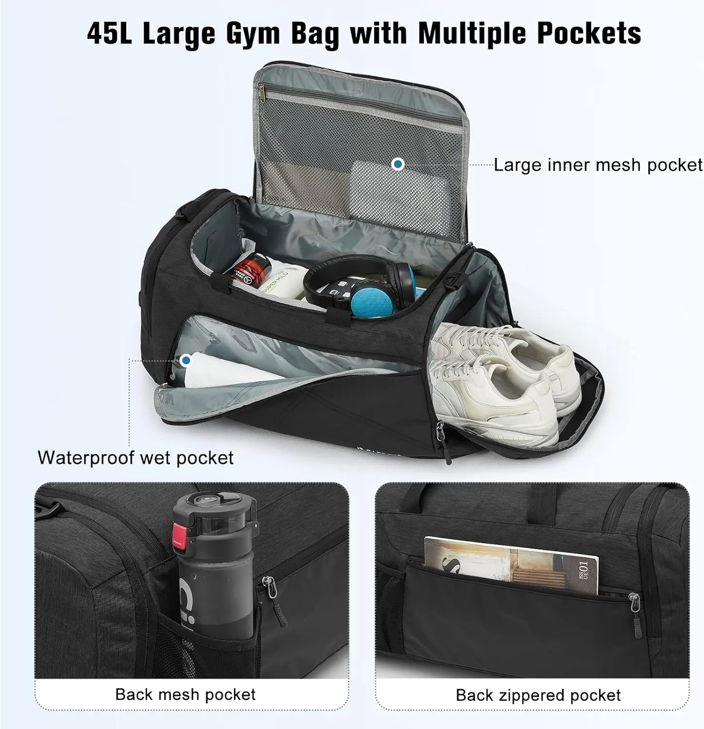 G4Free 45L/60L 3-Way Duffle Backpack Gym Bag with Wet Pocket & Shoes Compartment Sports Travel Weekender Overnight Duffel Bag