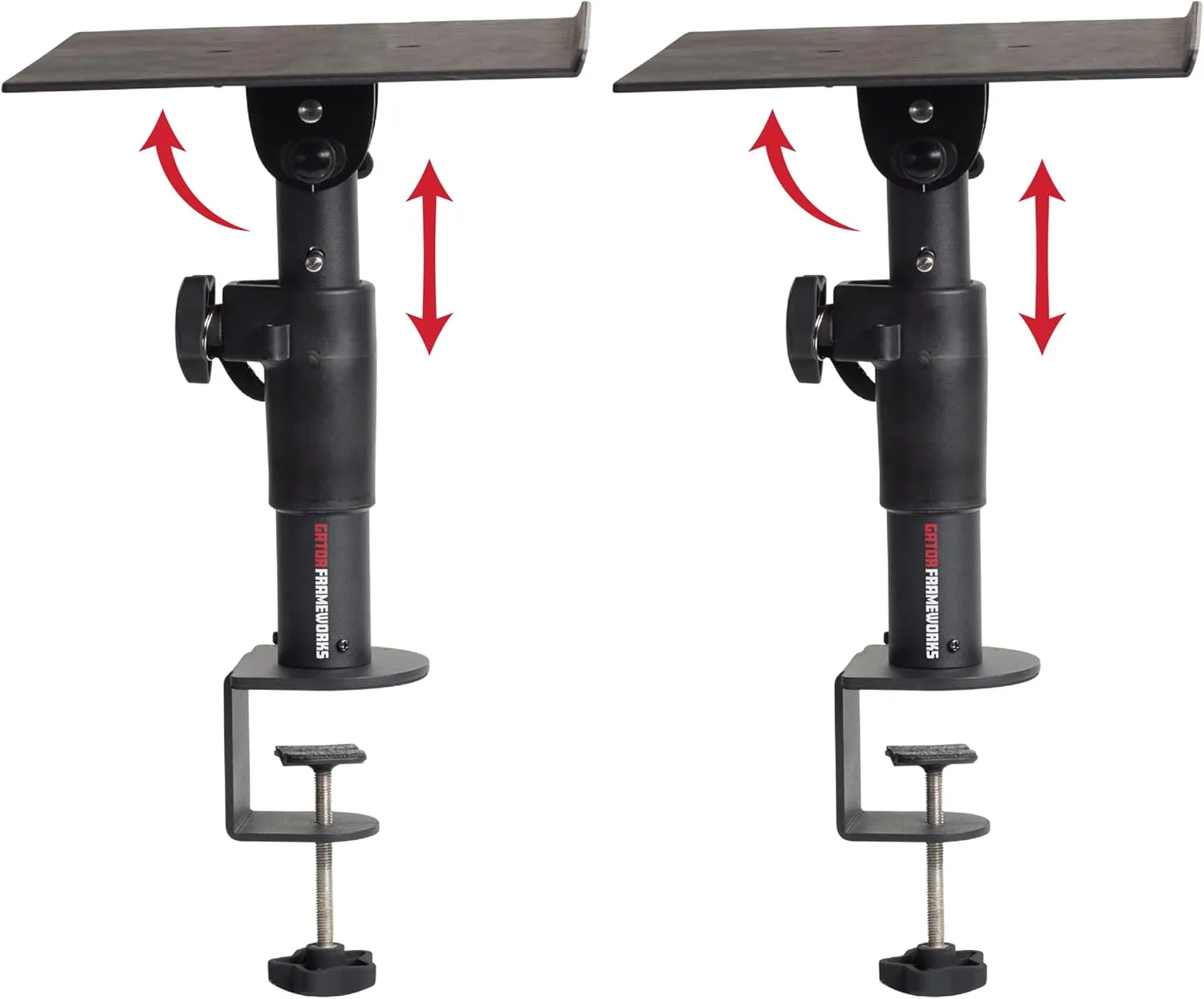 Gator Frameworks Desktop Clamp-On Studio Monitor and Speaker Stand with EVA foam Padded Surface, Angle Adjustable from 0° to 15° – Set of 2 (GFWSPKSTMNDSKCMP)