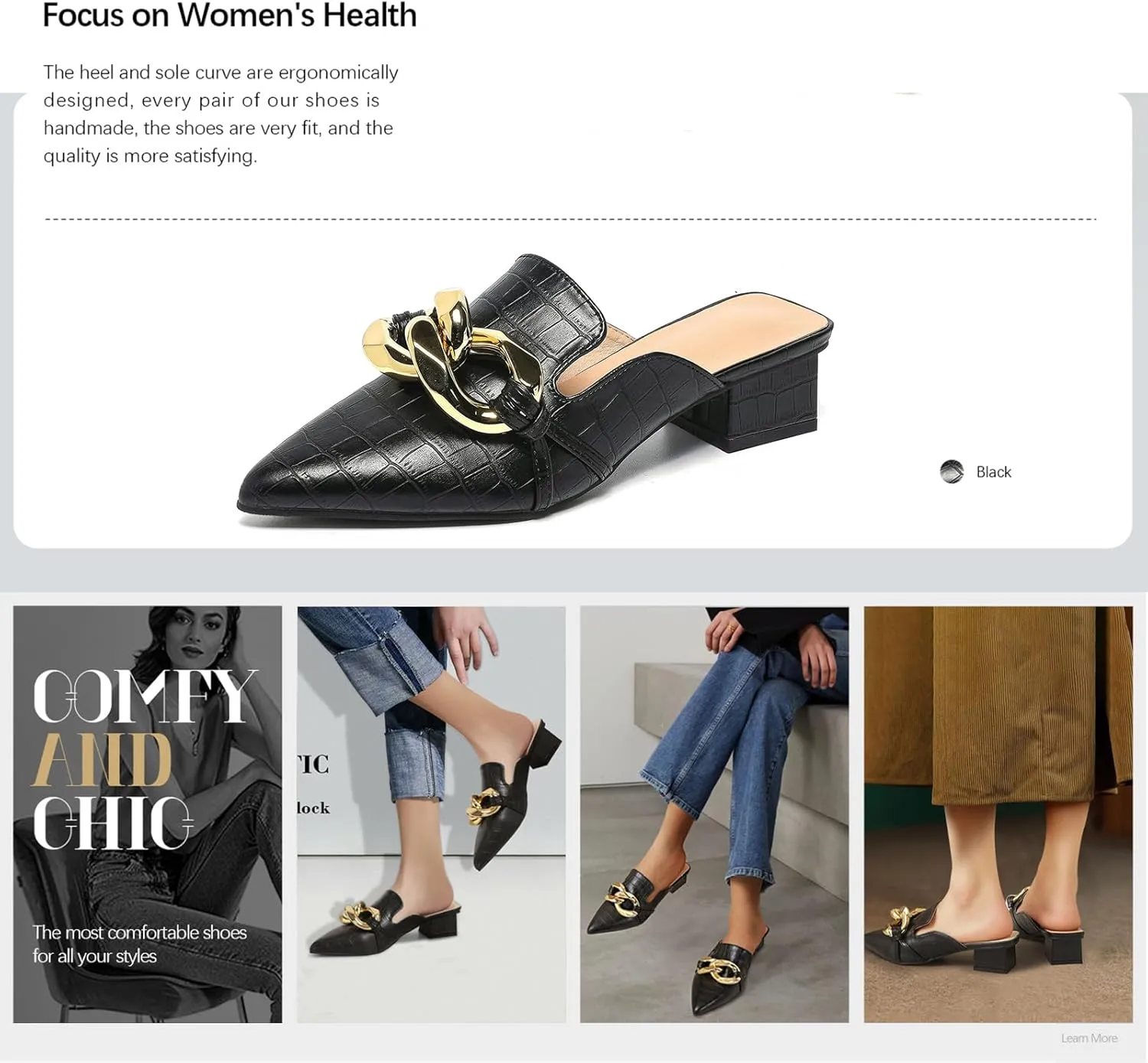 GATUXUS Women's Block Low Heeled Mules Metal Buckle Decor Pointed Toe Slides Backless Loafers Mule Sandals Shoes