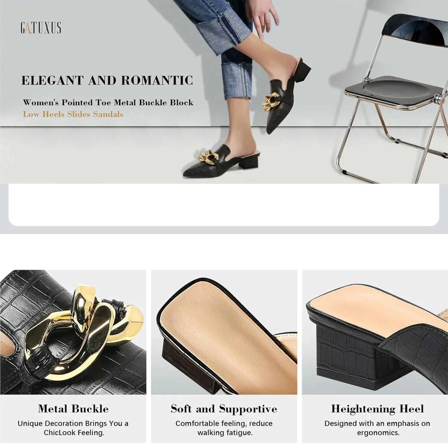 GATUXUS Women's Block Low Heeled Mules Metal Buckle Decor Pointed Toe Slides Backless Loafers Mule Sandals Shoes