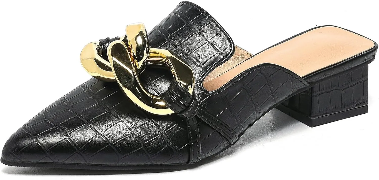 GATUXUS Women's Block Low Heeled Mules Metal Buckle Decor Pointed Toe Slides Backless Loafers Mule Sandals Shoes