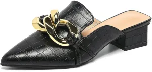 GATUXUS Women's Block Low Heeled Mules Metal Buckle Decor Pointed Toe Slides Backless Loafers Mule Sandals Shoes