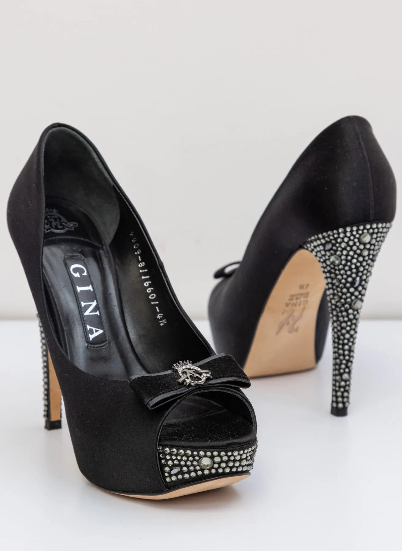 GINA Black Satin Crystal Embellished Peep Toe Platform Pumps