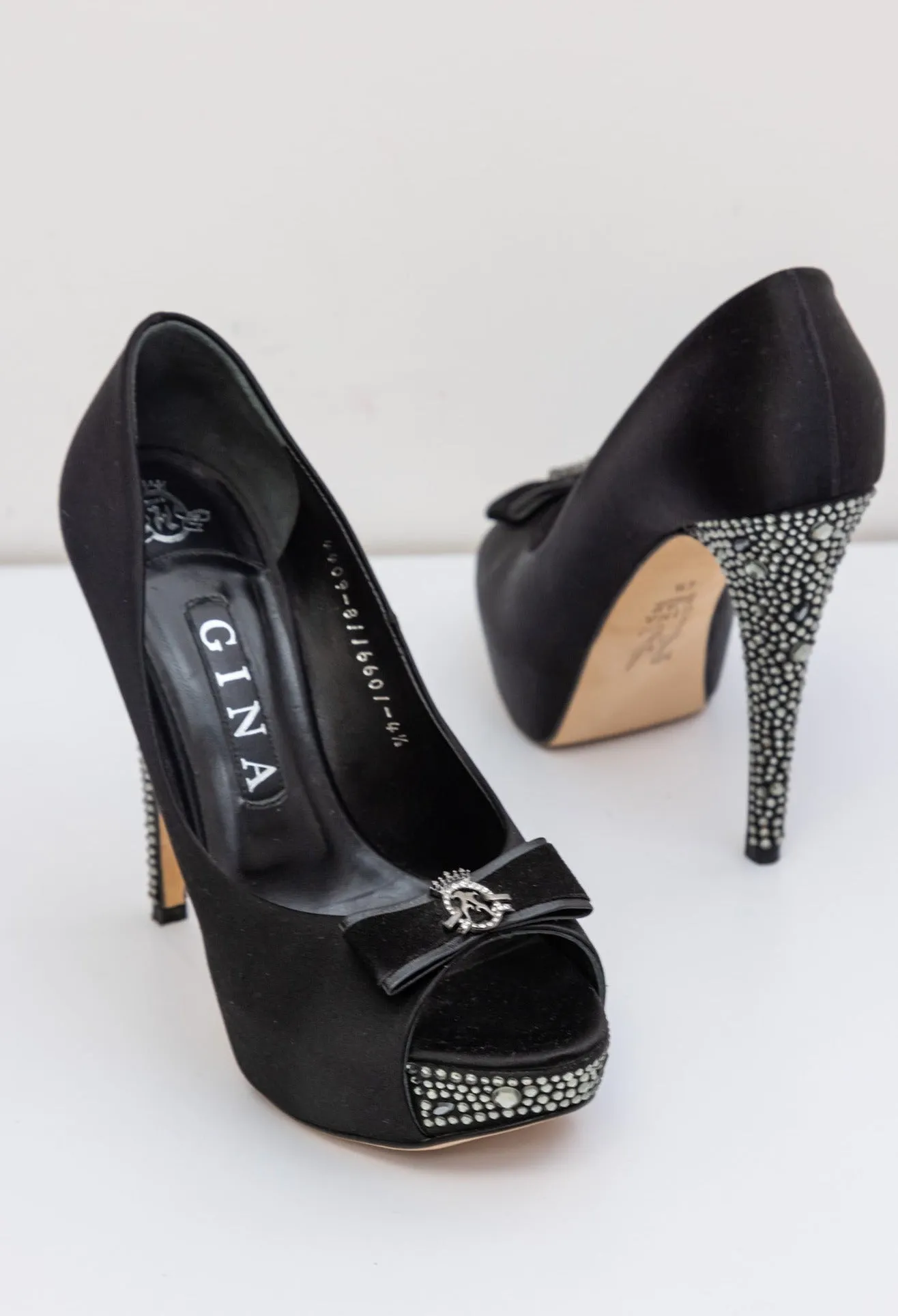GINA Black Satin Crystal Embellished Peep Toe Platform Pumps
