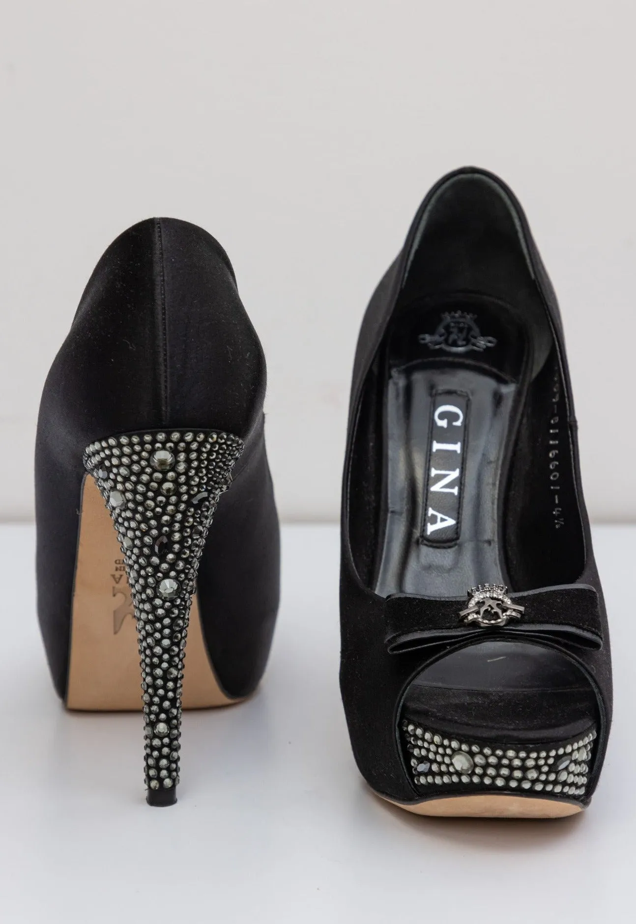 GINA Black Satin Crystal Embellished Peep Toe Platform Pumps
