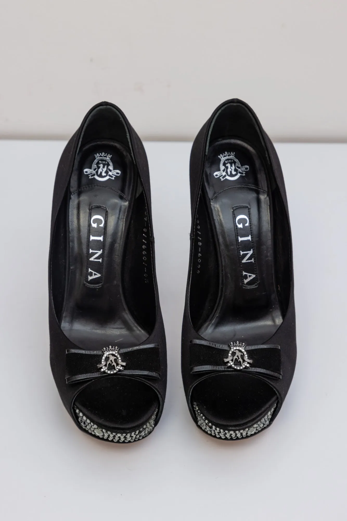 GINA Black Satin Crystal Embellished Peep Toe Platform Pumps