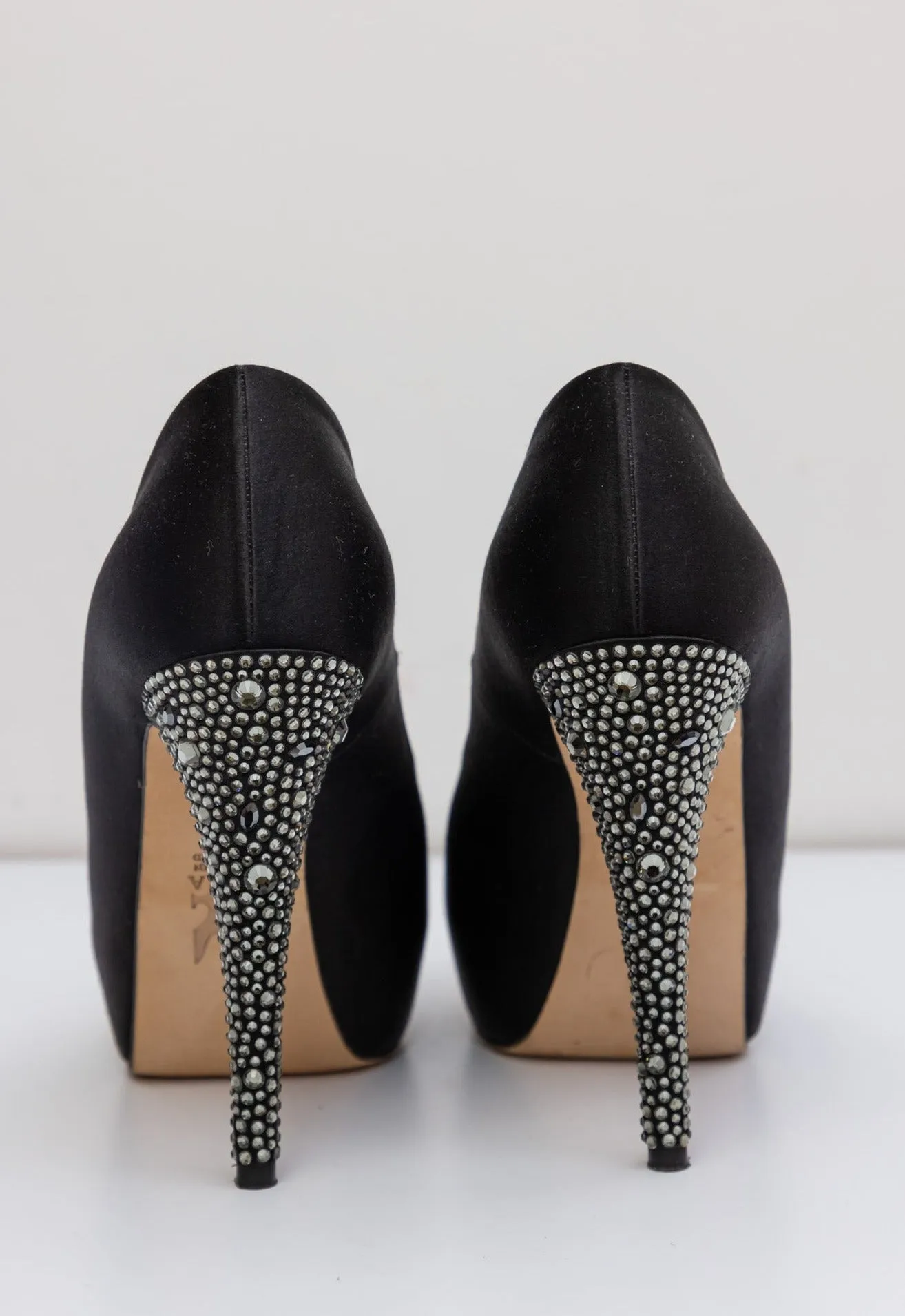 GINA Black Satin Crystal Embellished Peep Toe Platform Pumps
