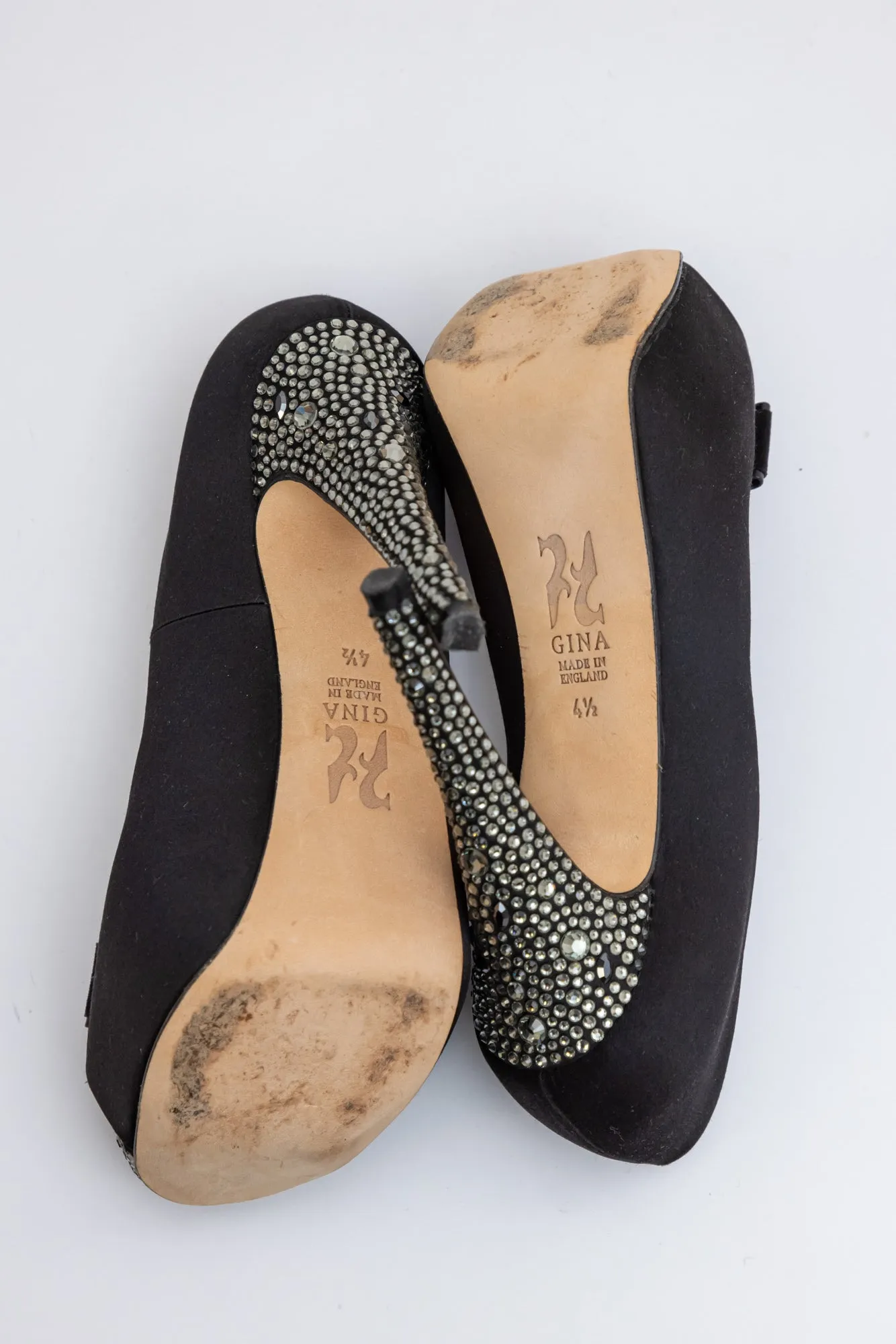 GINA Black Satin Crystal Embellished Peep Toe Platform Pumps
