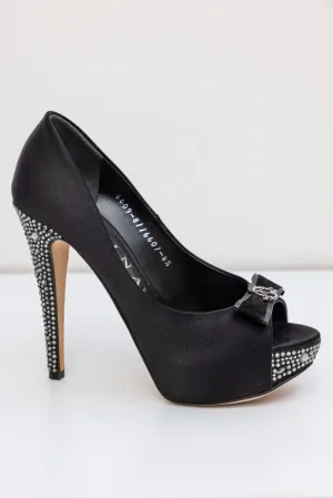 GINA Black Satin Crystal Embellished Peep Toe Platform Pumps