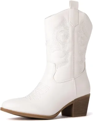GLOBALWIN Women's Mid Calf The Western Cowgirl Boots Fashion Cowboy Boots For Women Chunky Low Heel
