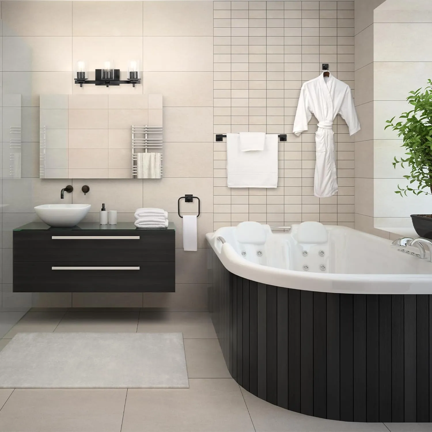 Globe Electric 51634 Dakota 5-Piece All-in-One Bathroom Set 3 Vanity Light with Seeded Glass Shades, Bar, Toilet Paper Holder, Towel Ring, Robe Hook, Matte Black
