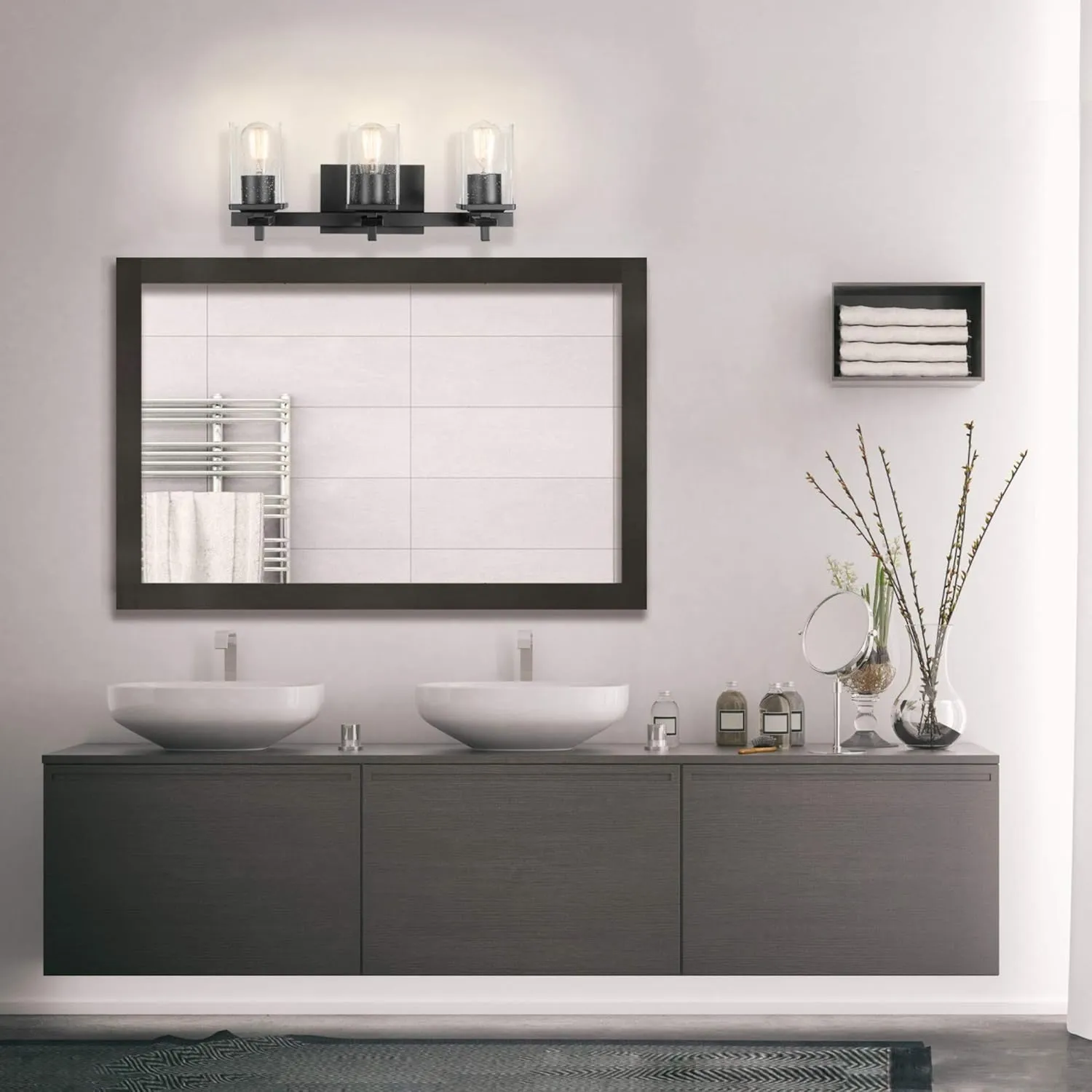 Globe Electric 51634 Dakota 5-Piece All-in-One Bathroom Set 3 Vanity Light with Seeded Glass Shades, Bar, Toilet Paper Holder, Towel Ring, Robe Hook, Matte Black