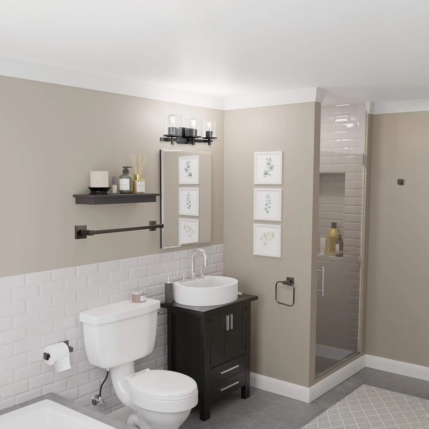 Globe Electric 51634 Dakota 5-Piece All-in-One Bathroom Set 3 Vanity Light with Seeded Glass Shades, Bar, Toilet Paper Holder, Towel Ring, Robe Hook, Matte Black