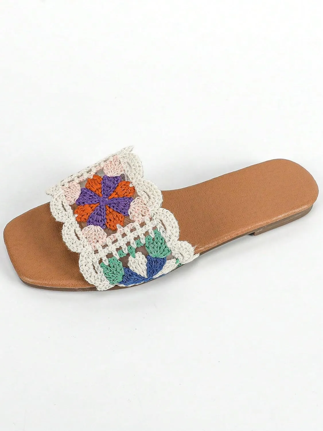 GORGLITTER Women's Crochet Flat Sandals Slip On Open Toe Slide Sandals Colorblock Scallop Trim Sandals