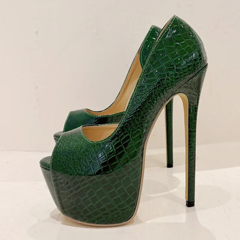 Green Snake Print Leather Platform Pumps Women Sexy Slingback Peep Toe Extreme High Heels Strip Pole Dance Shoes